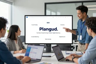 Plangud team explaining guest posting, SEO, backlinks, and digital marketing strategy in a modern office