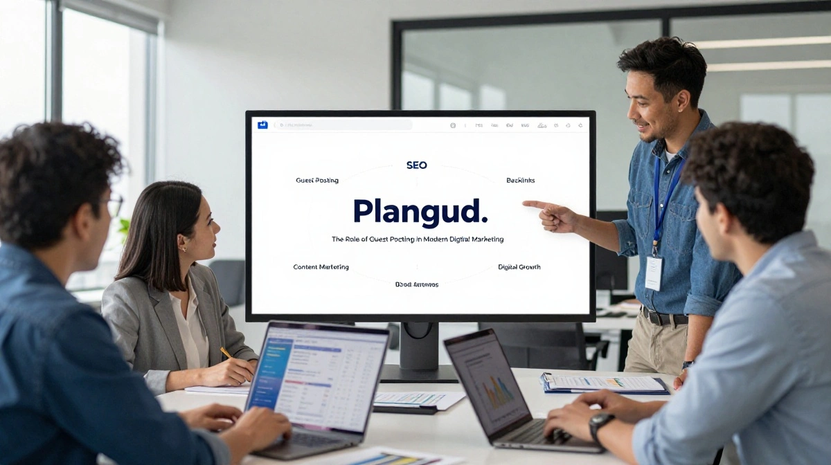 Plangud team explaining guest posting, SEO, backlinks, and digital marketing strategy in a modern office