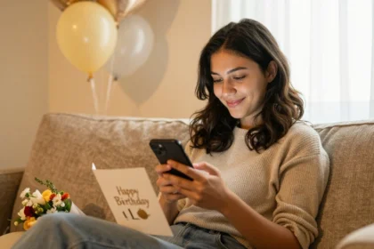 Woman smiling while reading and replying to birthday wishes on her phone