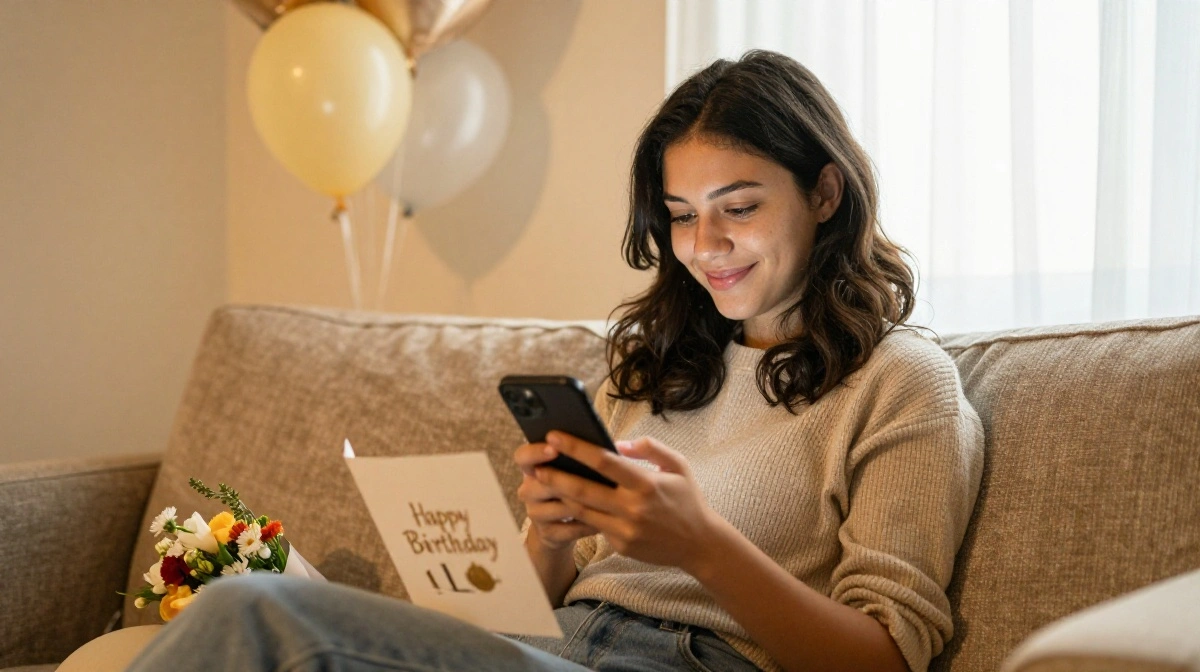 Woman smiling while reading and replying to birthday wishes on her phone