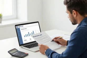 Small business owner reviewing business loan documents and funding options on a laptop.