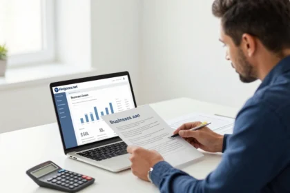Small business owner reviewing business loan documents and funding options on a laptop.