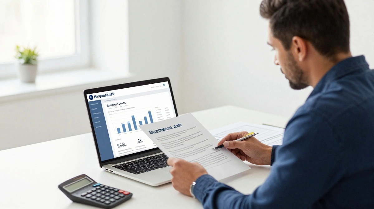 Small business owner reviewing business loan documents and funding options on a laptop.