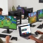 Gamers playing video games while exploring gaming guides, Minecraft content, and news on a gaming blog.
