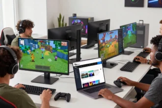 Gamers playing video games while exploring gaming guides, Minecraft content, and news on a gaming blog.