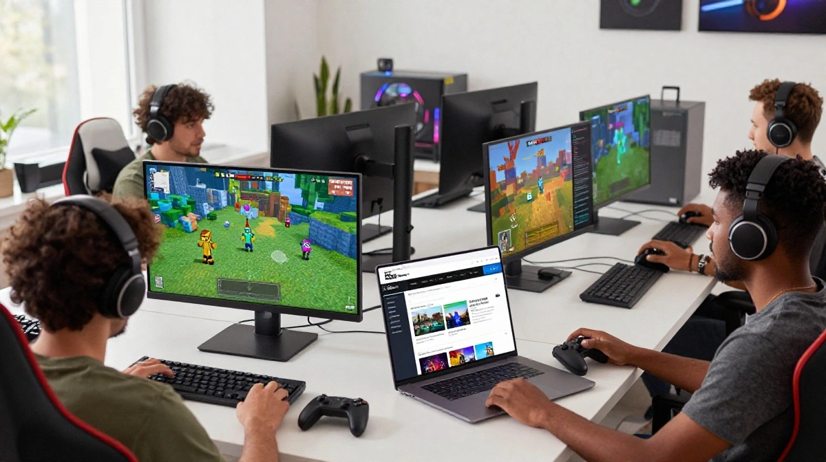Gamers playing video games while exploring gaming guides, Minecraft content, and news on a gaming blog.