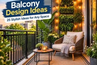 Balcony design ideas featuring stylish furniture, plants, warm lighting, and privacy solutions for a modern outdoor space.
