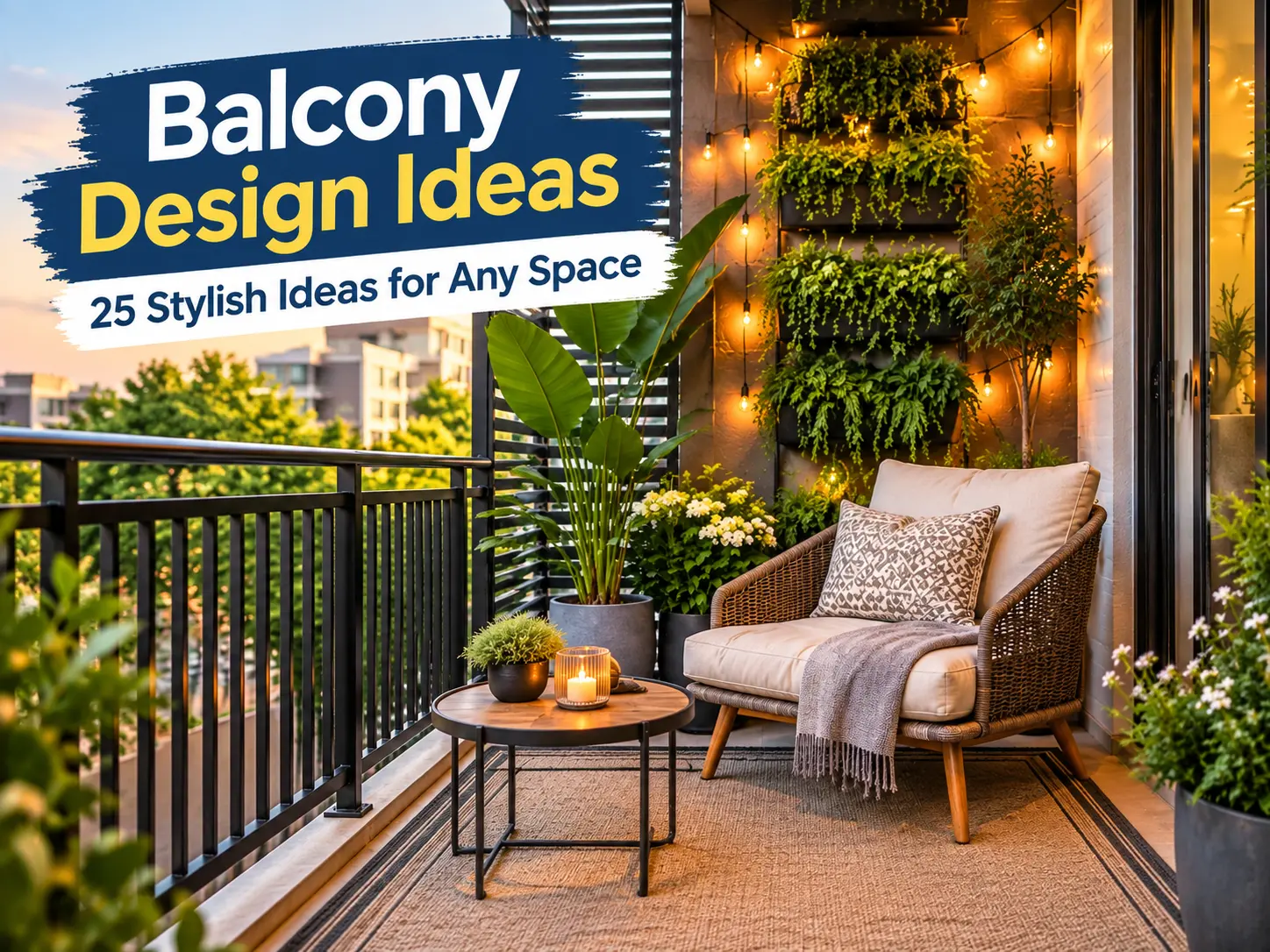 Balcony design ideas featuring stylish furniture, plants, warm lighting, and privacy solutions for a modern outdoor space.