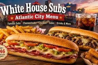 White House Subs Atlantic City menu featuring an Italian submarine sandwich, cheesesteak, fries, and a drink