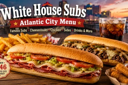 White House Subs Atlantic City menu featuring an Italian submarine sandwich, cheesesteak, fries, and a drink