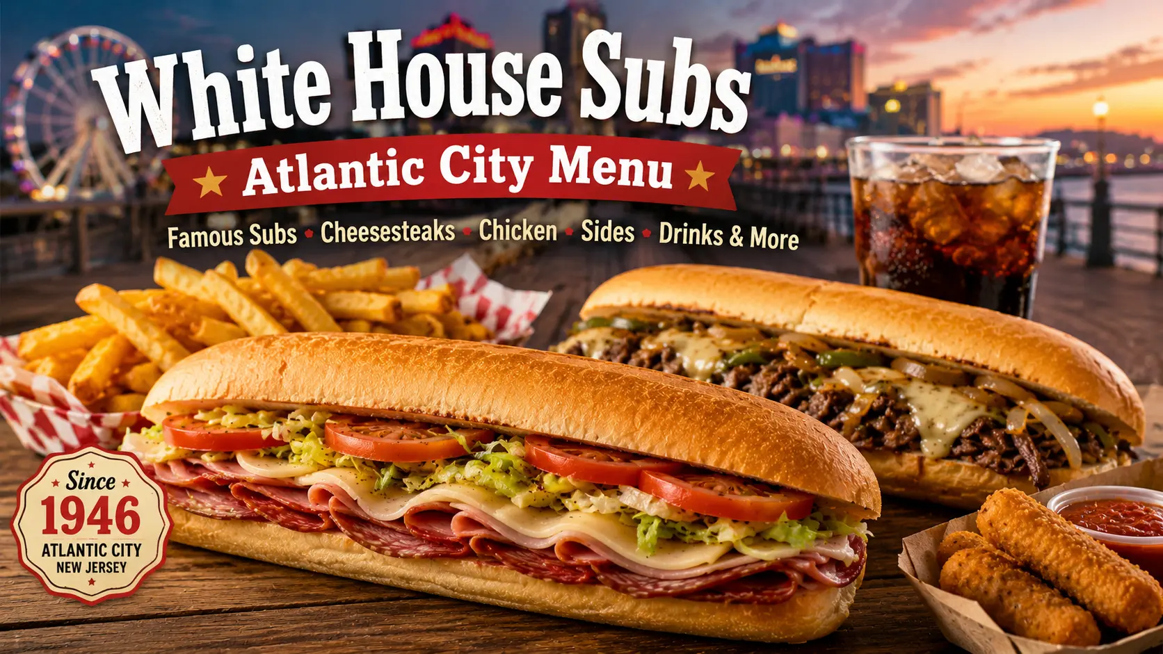 White House Subs Atlantic City menu featuring an Italian submarine sandwich, cheesesteak, fries, and a drink