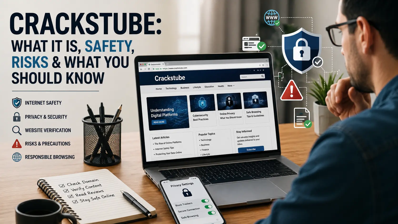Crackstube explained with website safety, privacy, streaming, and digital security concepts