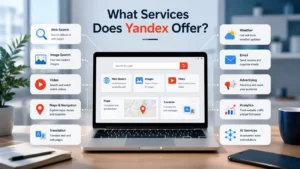 What Is Yandex search engine with search results, maps, translation, AI, and digital services on a laptop