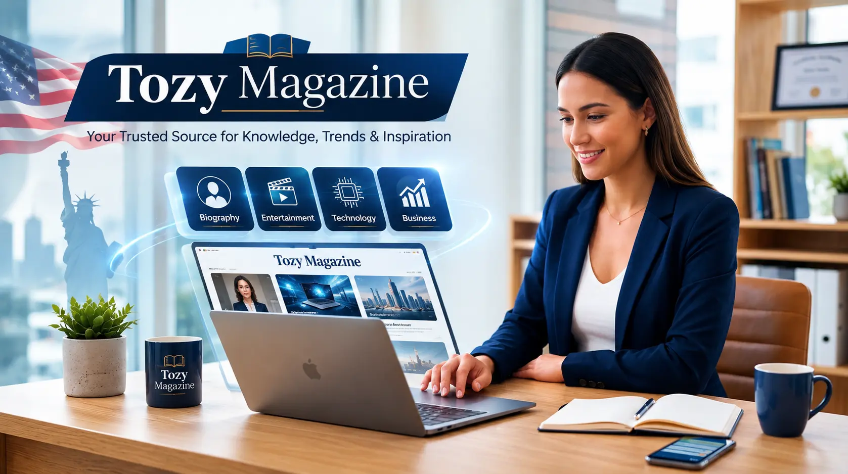 Tozymagazine.com USA and Tozy Magazine digital publication guide featuring biography, entertainment, technology, and business content.