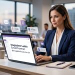 Magazine Luiza email format showing corporate email patterns, official contacts, and business communication on a laptop