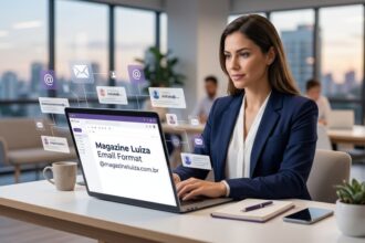 Magazine Luiza email format showing corporate email patterns, official contacts, and business communication on a laptop
