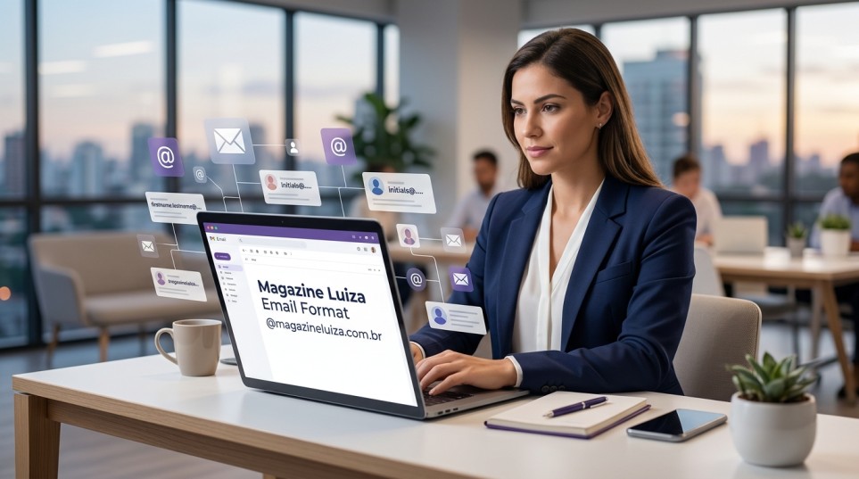 Magazine Luiza email format showing corporate email patterns, official contacts, and business communication on a laptop