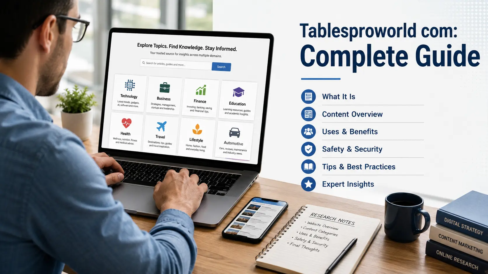 Tablesproworld com website guide showing online informational content across multiple categories