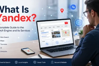 What Is Yandex search engine with search results, maps, translation, AI, and digital services on a laptop