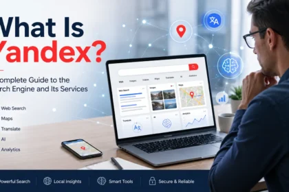 What Is Yandex search engine with search results, maps, translation, AI, and digital services on a laptop