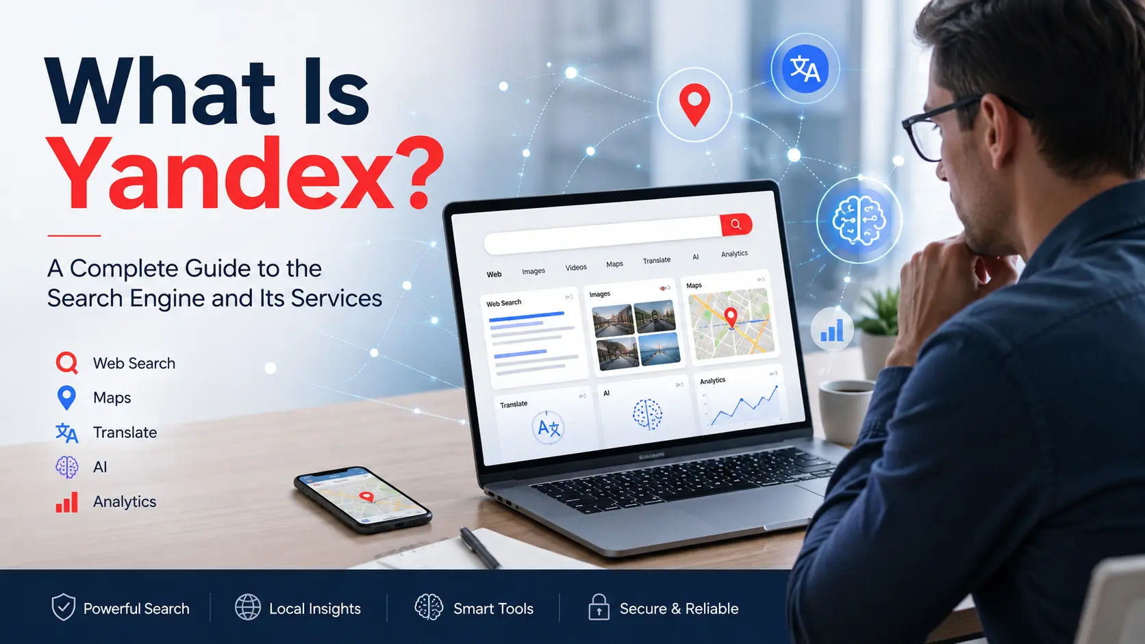 What Is Yandex search engine with search results, maps, translation, AI, and digital services on a laptop