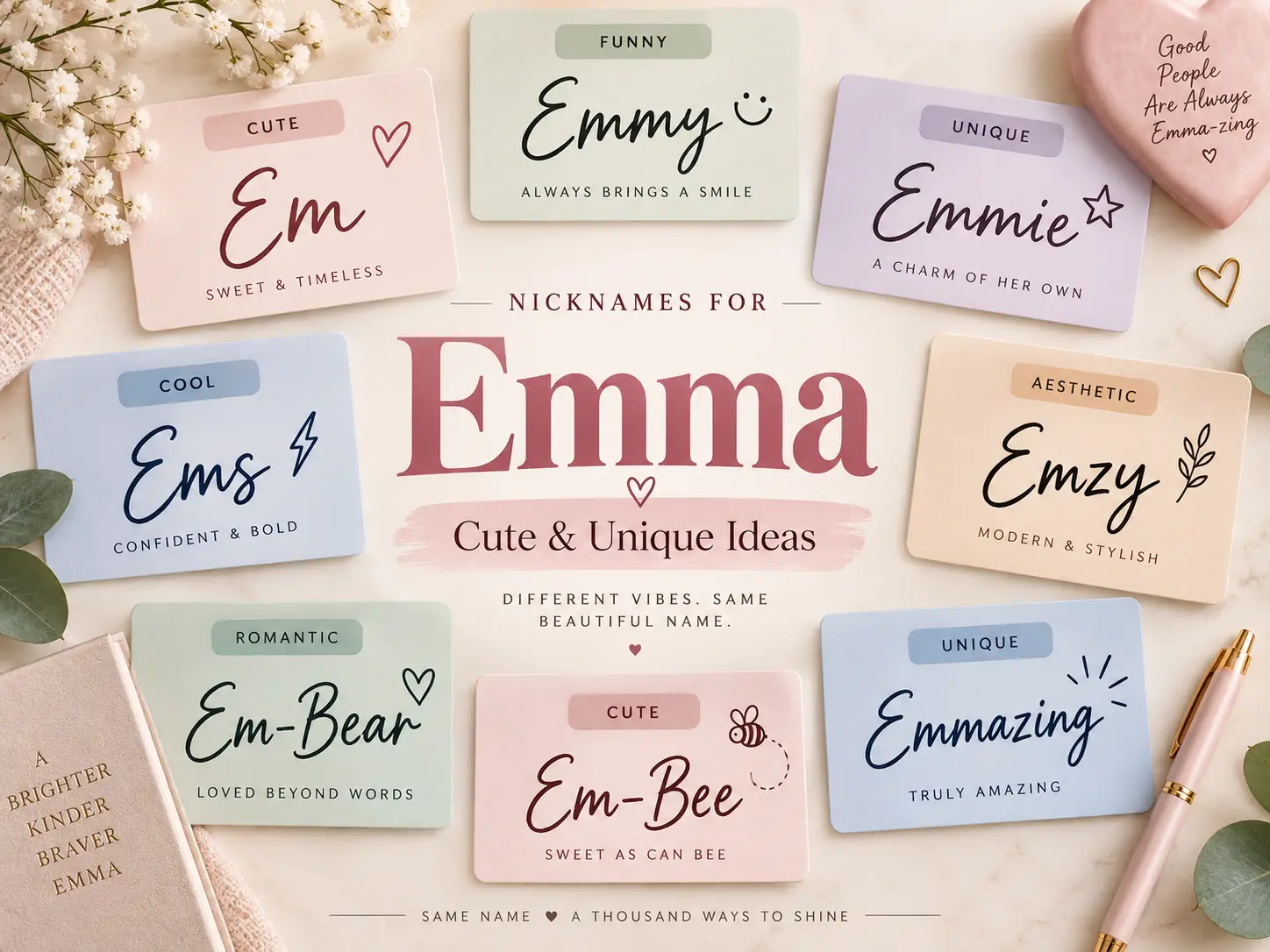 Nicknames for the name Emma featuring cute, funny, unique, cool, and romantic Emma nickname ideas