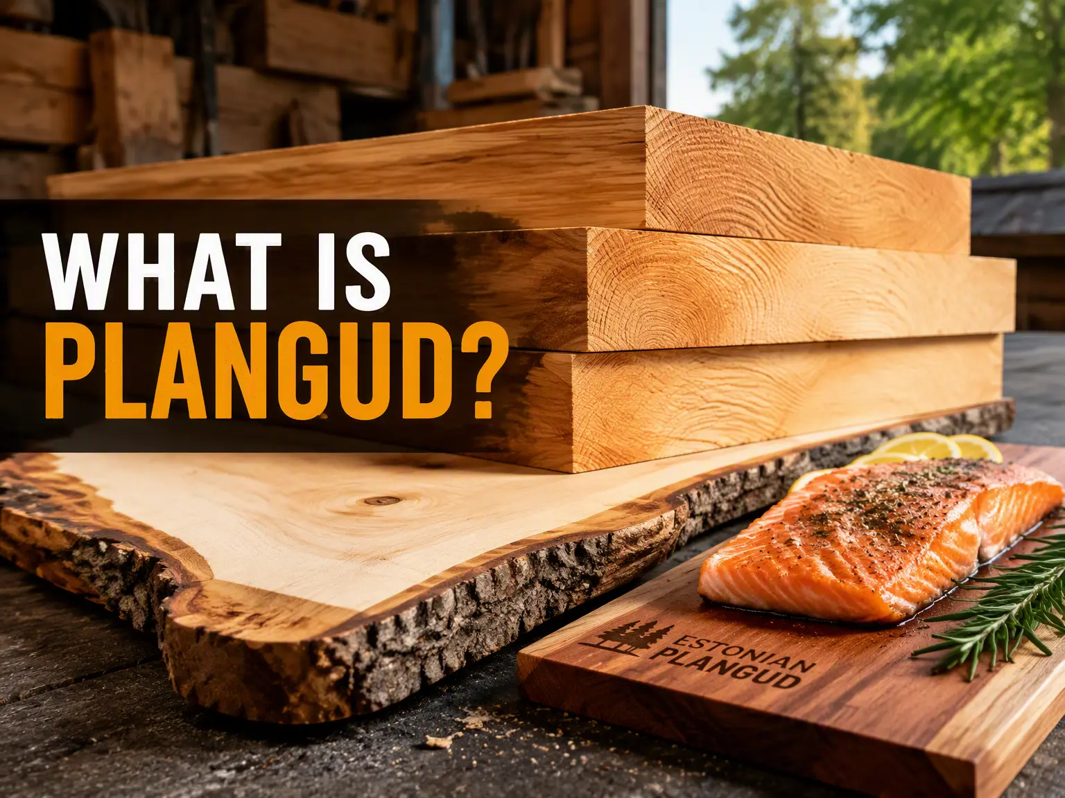 Plangud Estonian wood planks stacked in a rustic workshop beside a cedar grilling board and hand tools