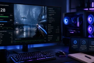 Gaming Vivid2201 patches on a modern gaming PC showing performance optimization, FPS monitoring, graphics settings, and game stability