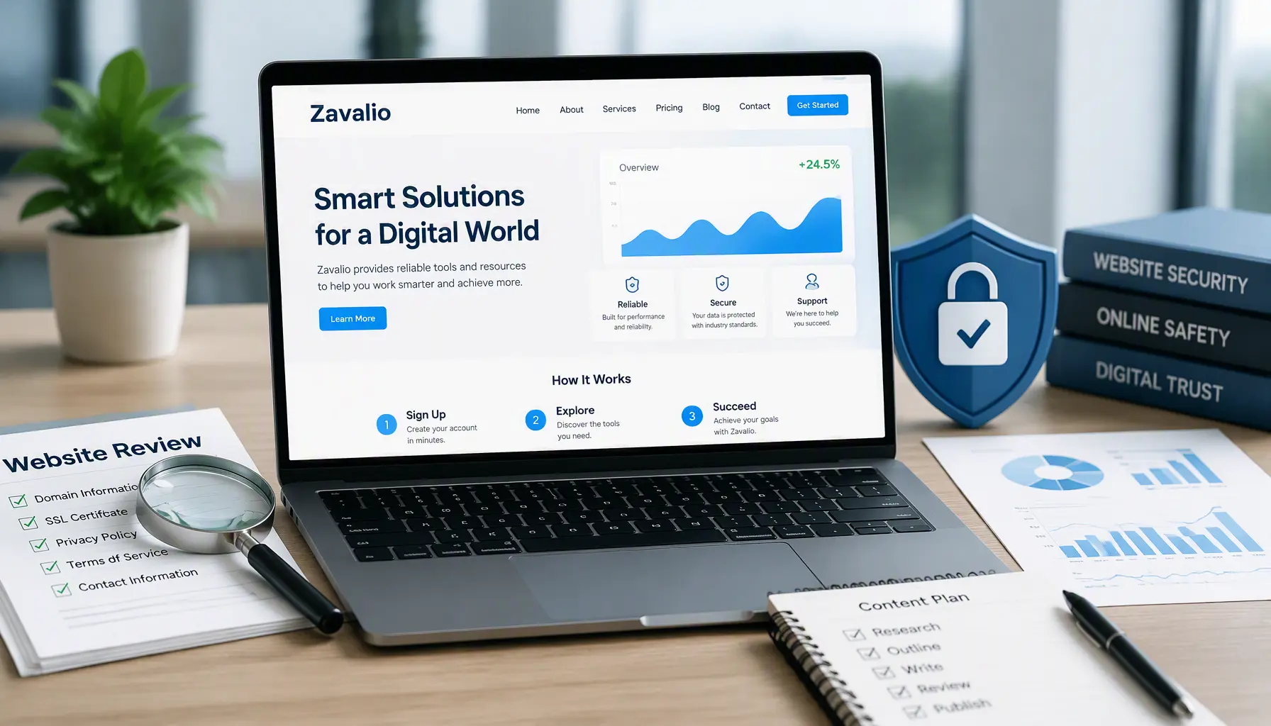 Zavalio.com review showing a laptop with the website and online safety and credibility symbols.