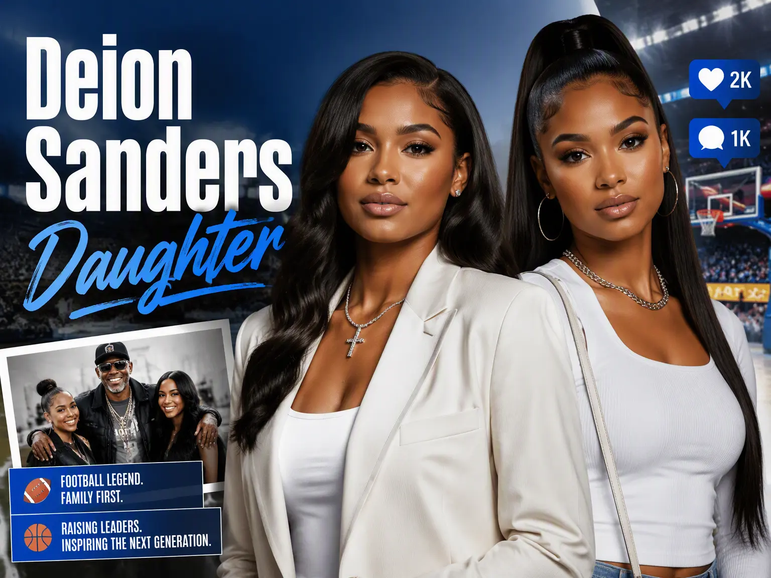 Deion Sanders daughter Deiondra and Shelomi Sanders represented in a sports and entertainment themed featured image.
