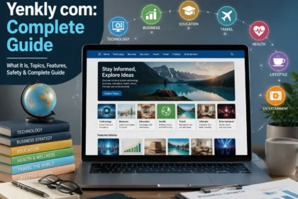 Yenkly com website guide showing technology, business, lifestyle, travel and entertainment topics in a modern layout.