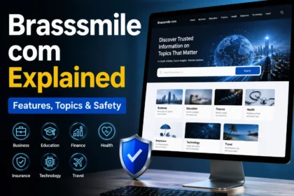 Brasssmile com explained with a modern digital website concept showing topics, features, and online safety information