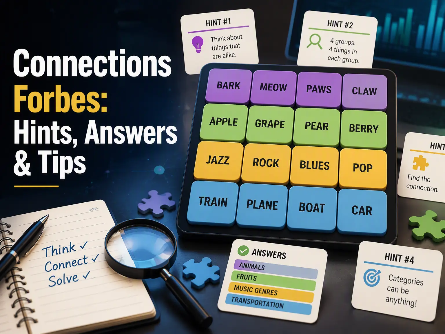Connections Forbes guide with NYT puzzle hints, answers, categories, and solving tips for daily Connections players
