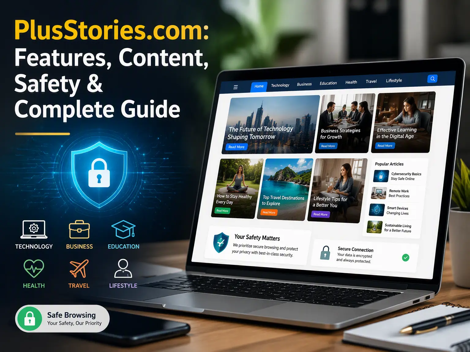 PlusStories.com website guide showing its content, features, categories, and online safety information for readers