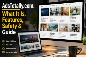 AdsTotally.com website guide showing its content, features, safety information, and overview for online readers