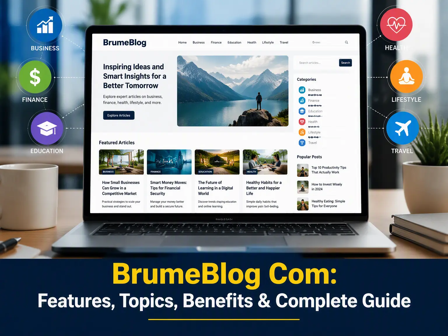 BrumeBlog Com guide showing its categories, features, topics, and multi-topic content website for online readers