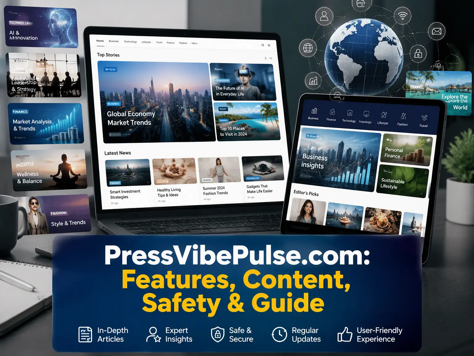 PressVibePulse.com guide showing technology, business, finance, lifestyle, travel, and digital content topics