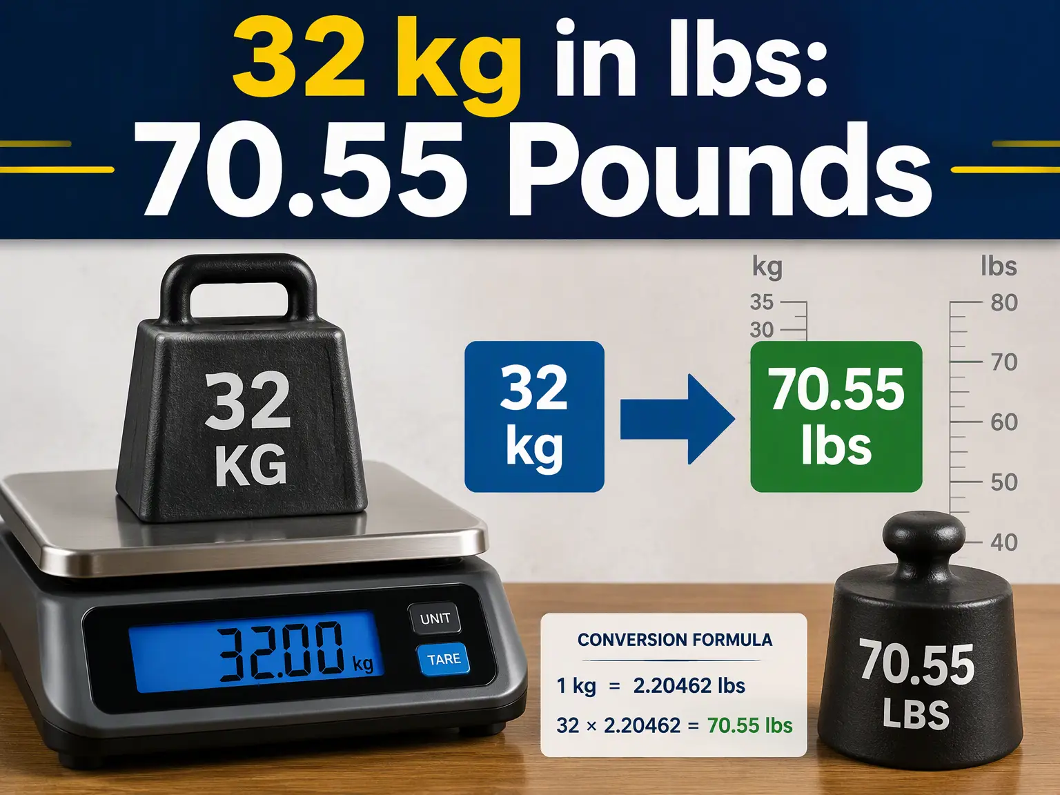 32 kg in lbs showing the conversion from 32 kilograms to 70.55 pounds with a clear weight conversion formula
