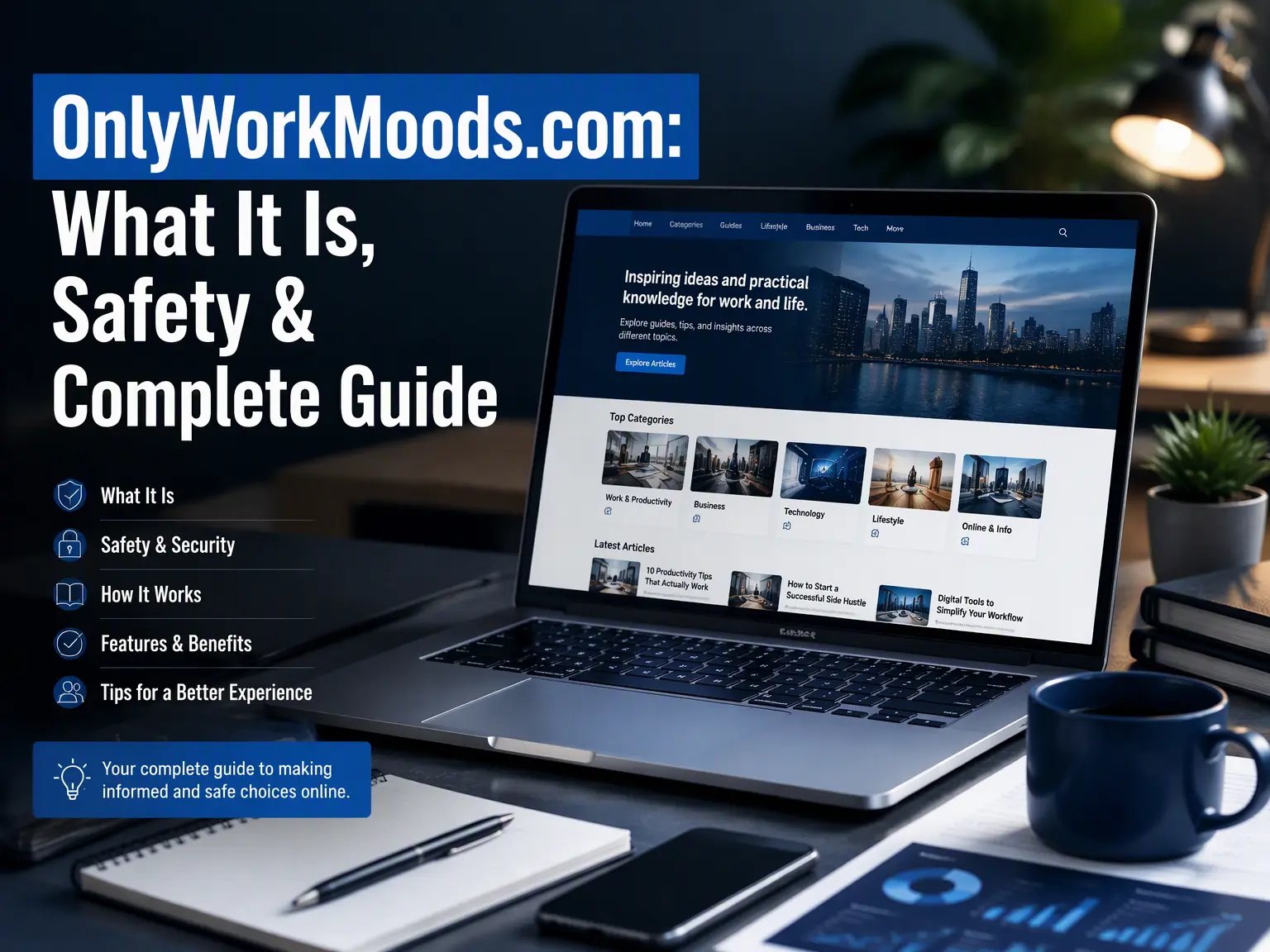 OnlyWorkMoods.com explained with its work, lifestyle, technology, business, and productivity content categories