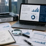 Research dossier for target company with business documents, financial charts, competitor analysis, and corporate research insights.