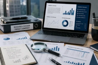 Research dossier for target company with business documents, financial charts, competitor analysis, and corporate research insights.