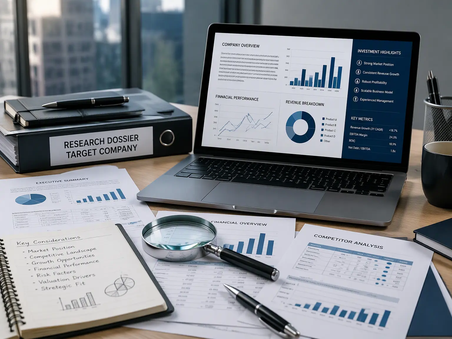 Research dossier for target company with business documents, financial charts, competitor analysis, and corporate research insights.