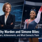 Kathy Warden and Simone Biles representing leadership, gymnastics, career achievements, and their public connection.
