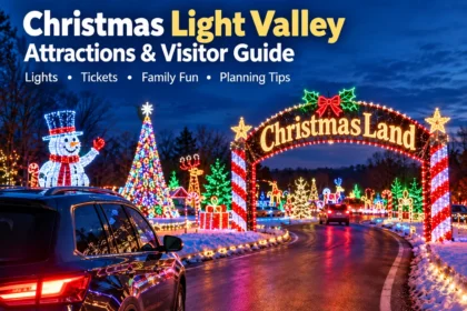 Christmas Light Valley featuring colorful Christmas lights, illuminated holiday displays, and a festive drive-through attraction in Nebraska.