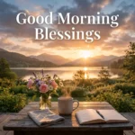 Good morning blessings with a peaceful sunrise, warm sunlight, flowers, and a calming morning atmosphere.