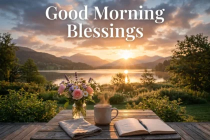 Good morning blessings with a peaceful sunrise, warm sunlight, flowers, and a calming morning atmosphere.