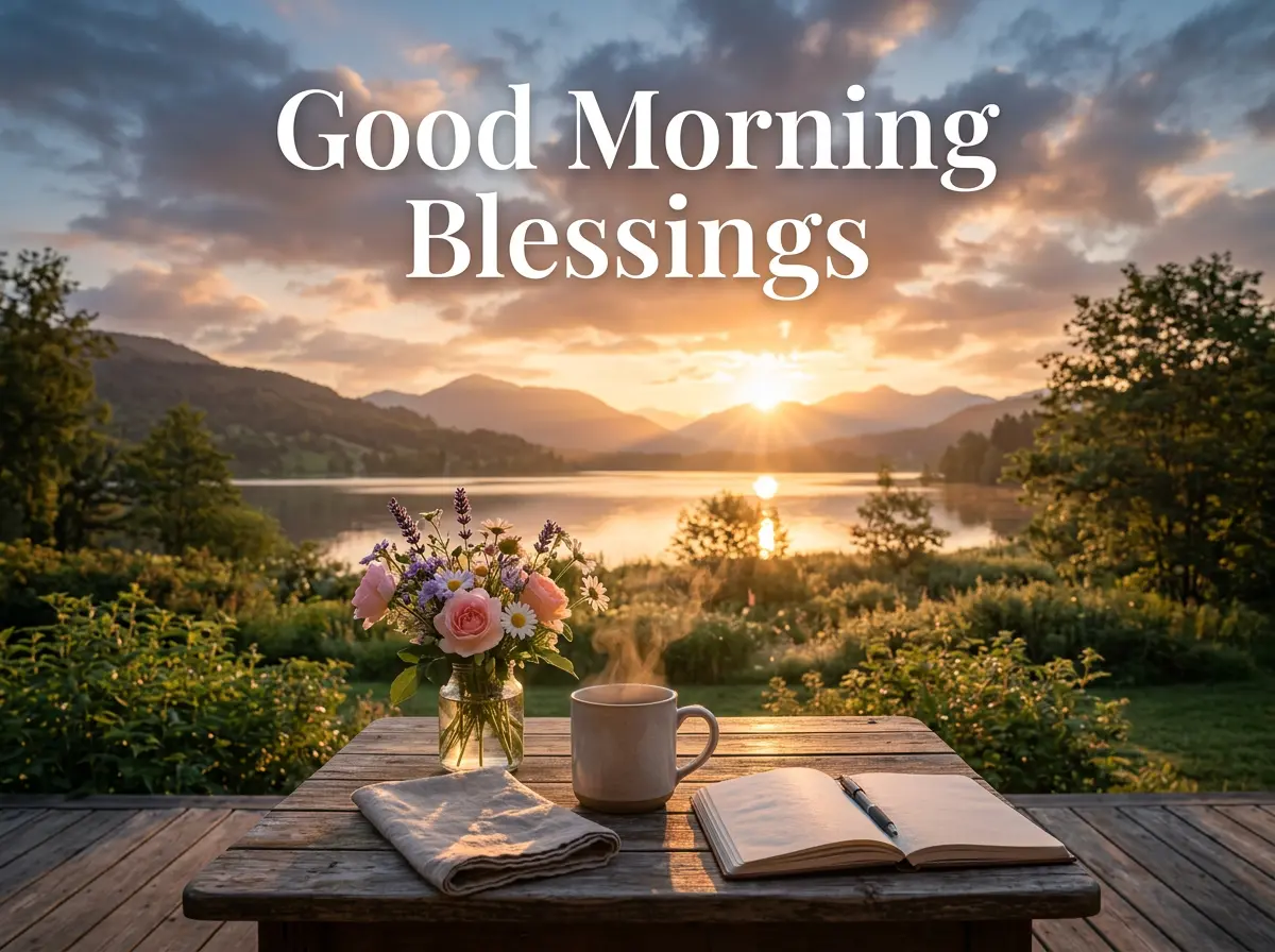 Good morning blessings with a peaceful sunrise, warm sunlight, flowers, and a calming morning atmosphere.
