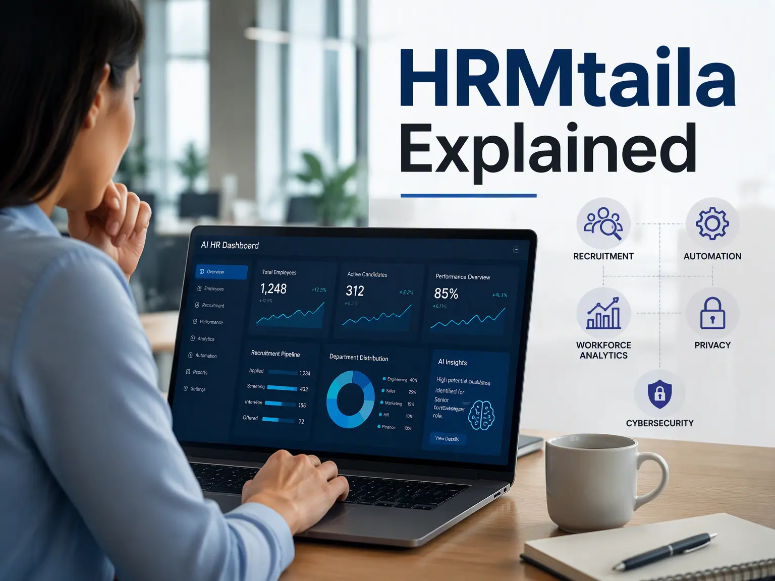 HRMtaila AI in HR explained with employee management, recruitment, automation, analytics, and data security concepts.
