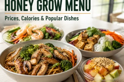 Honeygrow menu featuring stir-fried noodles, grilled chicken, fresh salad, tofu rice noodles, and fruit desserts.
