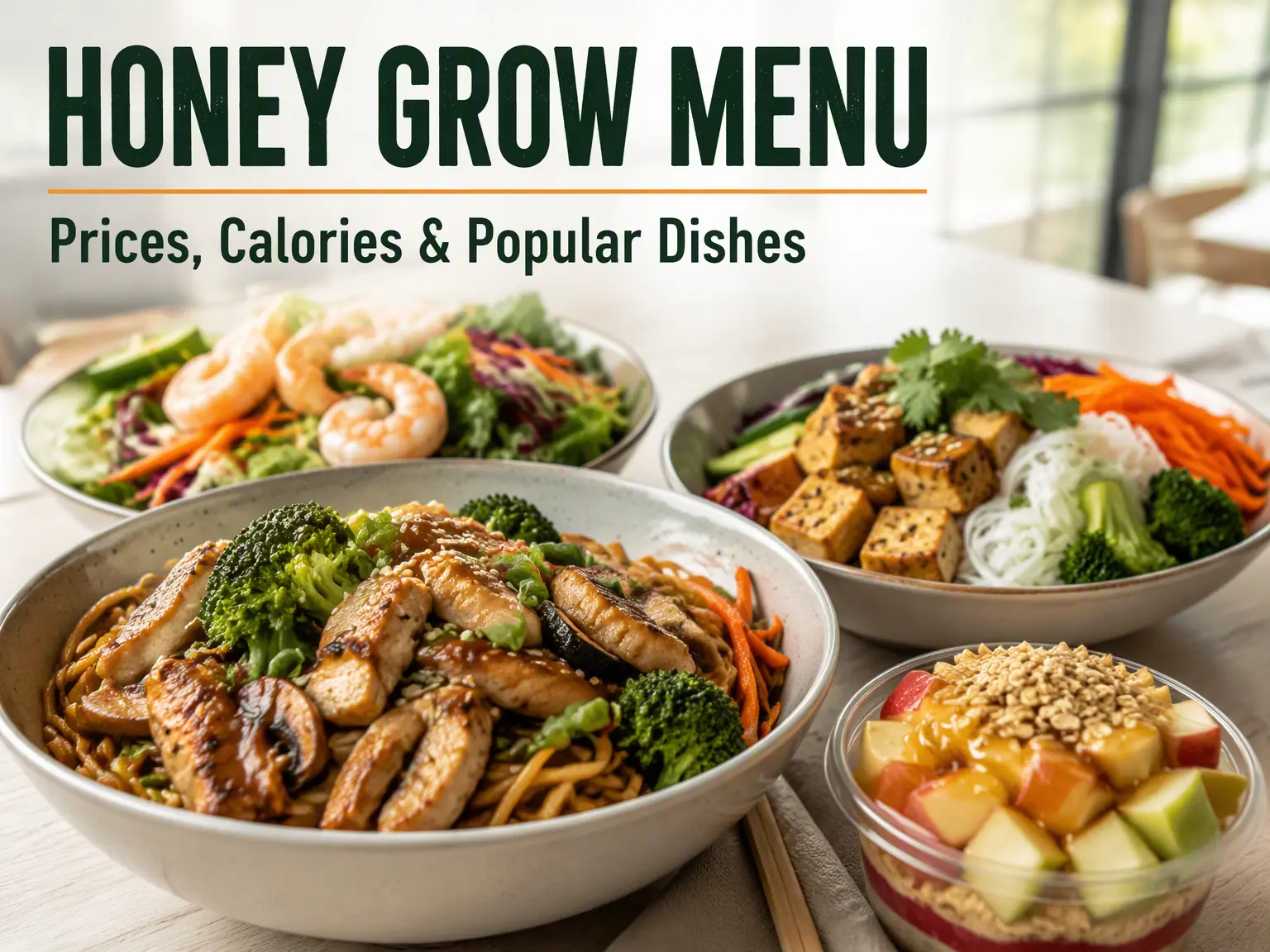 Honeygrow menu featuring stir-fried noodles, grilled chicken, fresh salad, tofu rice noodles, and fruit desserts.